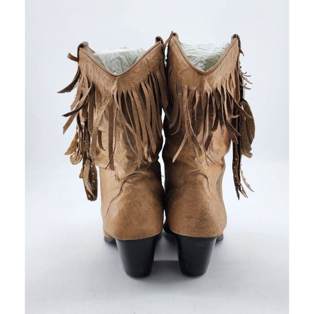 Dingo Women's Pull On Fringe Studded Western Cowgirl Boots Tan Leather Size 6.5M - Picture 4 of 10